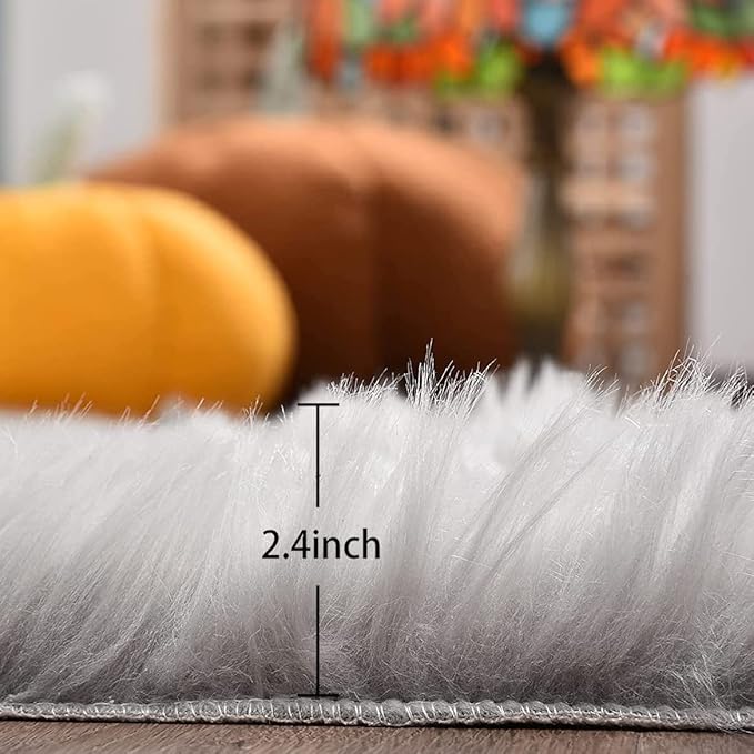 Light Gray Washable Fuzzy Fur Runner Rugs for Living Room Nursery Rugs for Bedroom Faux Sheepskin Shag Rug 2x6 Teen Room Décor