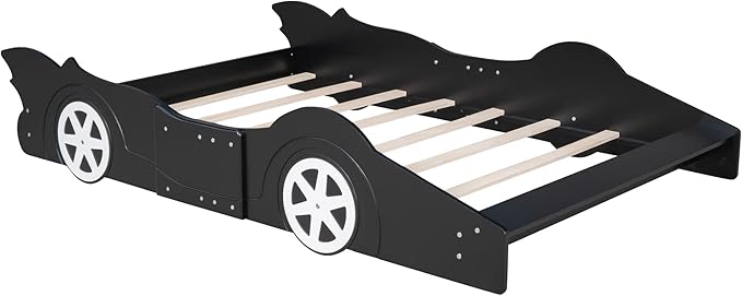 Full Size Race Car-Shaped Platform Bed Bedframe with Wheels, 87.4" L x 55.3" W x 16.1" H Black