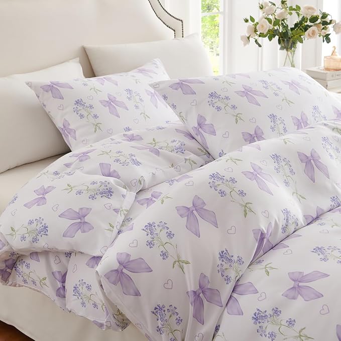 Purple Bow Duvet Cover Full 3Pcs Girls Floral Duvet Cover Set, Cute Romantic Princess Style Bowknot Bedding Set Soft Microfiber Garden Flower Bedding with 2 Pillowcases(No Comforter)