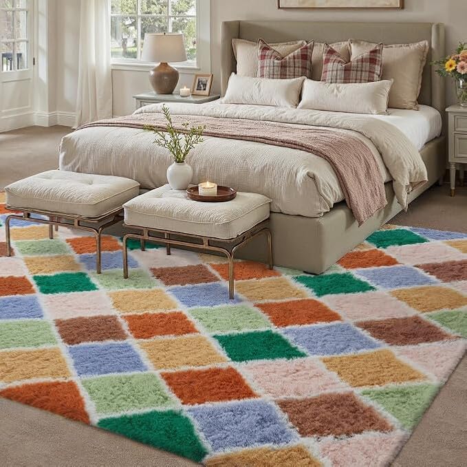 5x7 Checkered Rug for Living Room Colorful Modern Soft Area Rug Fluffy Non-Slip Carpet for Bedroom Playroom Home Aesthetic Decor
