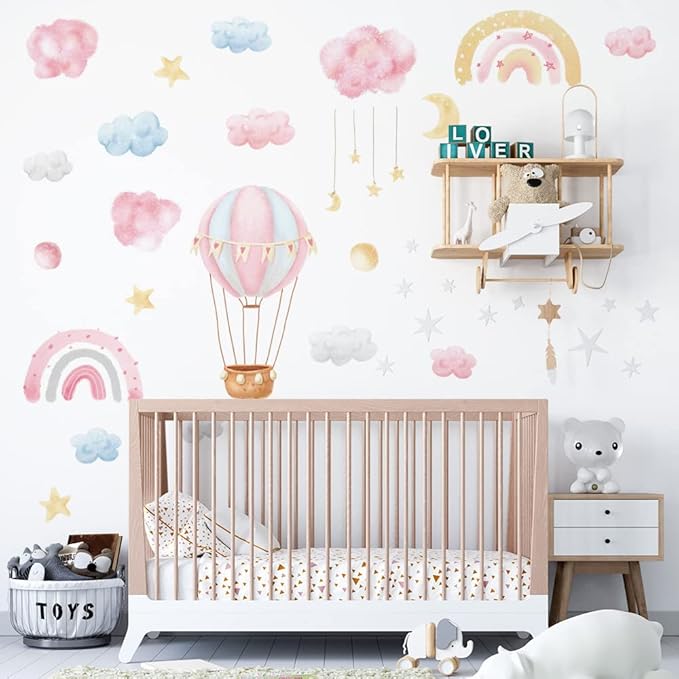 fanquare Rainbow Hot Air Balloon Wall Decals Pink Clouds Moon Stars Wall Stickers Watercolor Wall Decor for Kids Girls Bedroom Living Room Decor