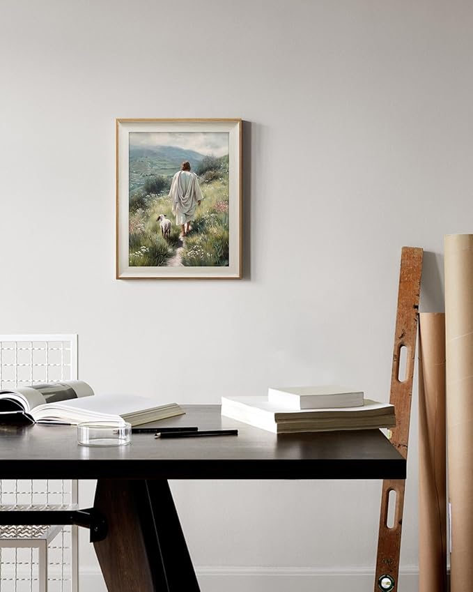 ARPEOTCY Framed Canvas Wall Art, 12x16 Inch Jesus and Lamb Christian Wall Decor, Religious Artwork of The Good Shepherd for Living Room, Bedroom, or Prayer Room