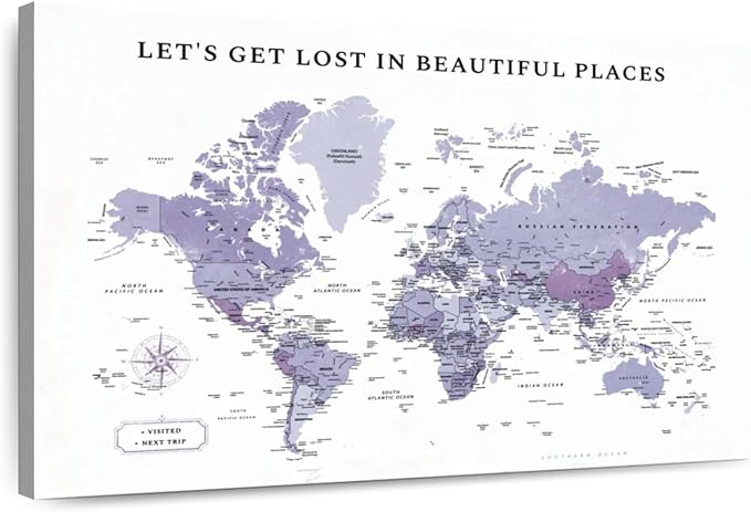 ElephantStock - Beautiful Places II Push Pin World Map Wall Art - Horizontal Canvas Wall Art - Living Room Wall Decor - Digital Art Map Canvas Art - White And Black Decor - 24" x 16"
