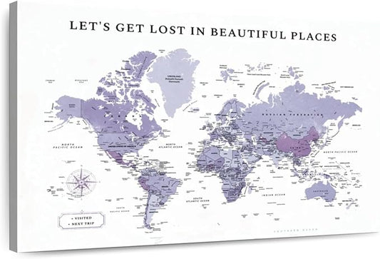 ElephantStock - Beautiful Places II Push Pin World Map Wall Art - Horizontal Canvas Wall Art - Living Room Wall Decor - Digital Art Map Canvas Art - White And Black Decor - 39" x 26"