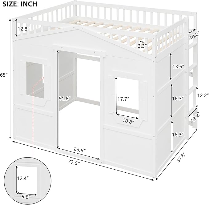 Full Size Loft Bed with Safety Guardrail for Kids Boys Girls, Playhouse Design Solid Wood Loft Bed Frame with Ladder and Windows, Strong Wood Slats Support, Space-Saving (White)