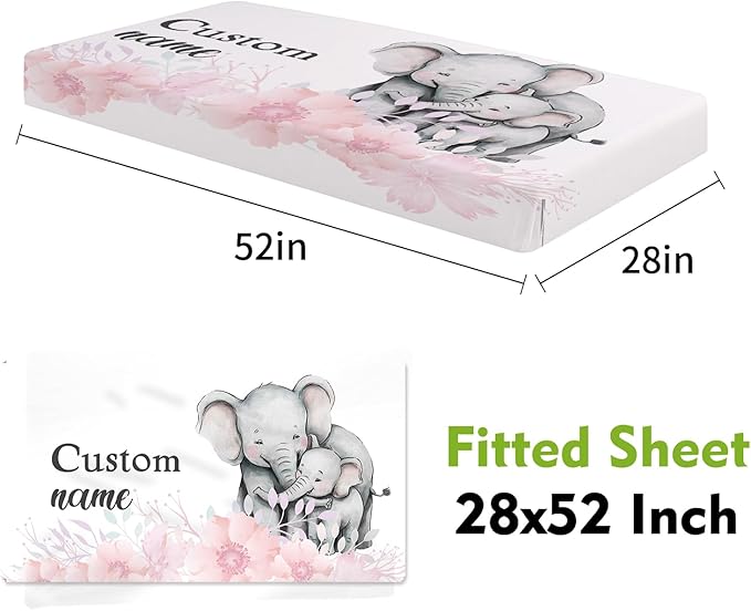 Personalized Crib Bedding Set for Boys Girls, Custom Baby Crib Sets with Name, Pink Elephant Design Nursery Bedding 2 Piece - Soft Blanket with Double Layer Dotted Backing, Crib Fitted Sheet