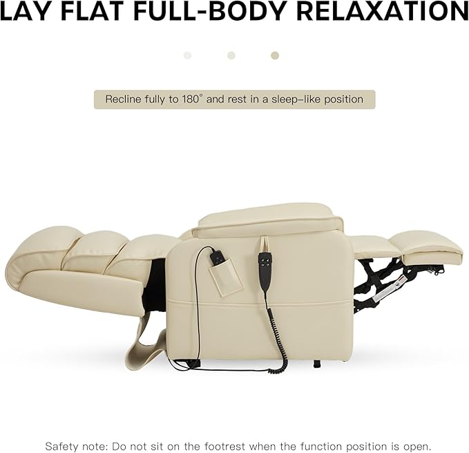 DYNOX 350 LBS Power Lift Recliner Chair for Elderly, Medium Size Dual Motor Lay Flat Infinite Positions Recliner with Heat & Massage(9188,Faux Leather,Cream)