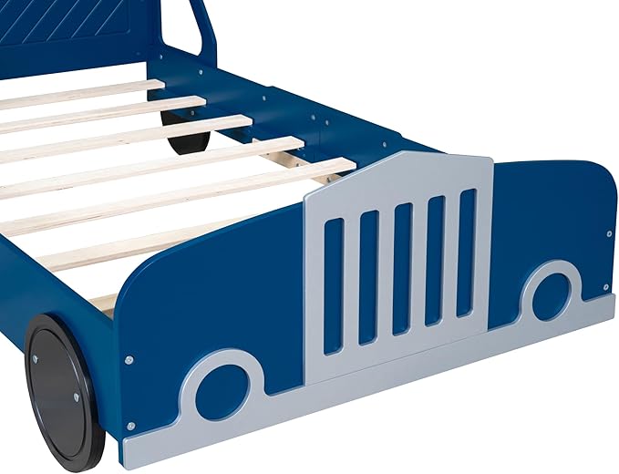 Twin Size Car-Shaped Platform Bed Frame for Boys Girls Kids Adults Toddler with Wheels,Blue