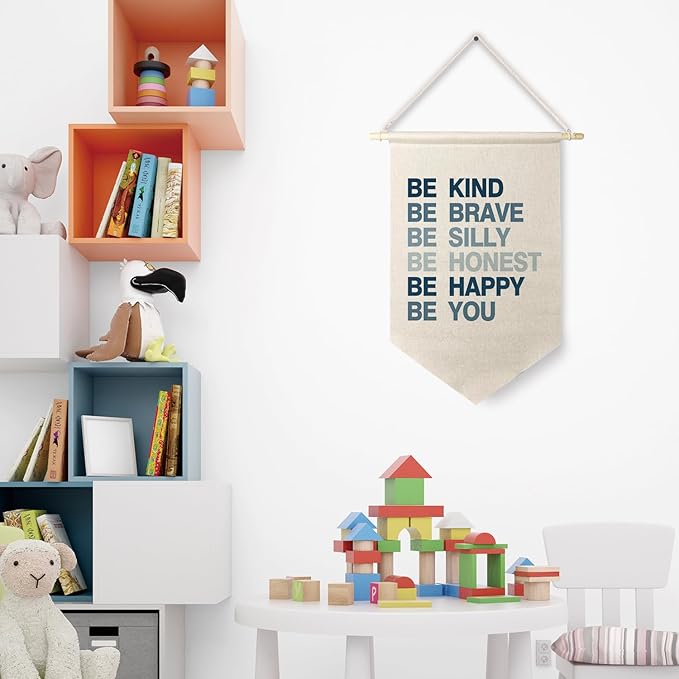 Qpenm Be Kind Be Brave Inspirational Boy Hanging Wall Canvas Banner, Blue Boy Nursery Hanging Pennant Flag Prints for Boys Room Playroom Posters & Prints