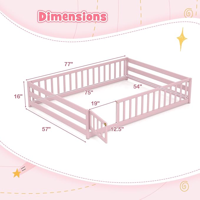 KOMFOTT Full Size Wood Floor Bed with Door & Fence, Montessori Bed Frame with Full Length Safety Guardrails, Door & Latch, Wooden Montessori Floor Bed for Kids, Girls, Boys (Full,Pink)