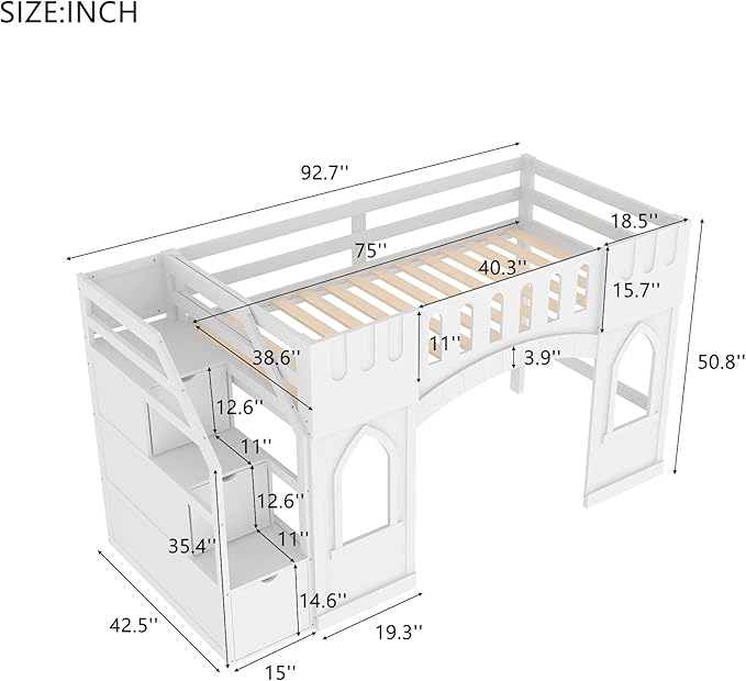 Playhouse Design Twin Size Loft Bed with Storage Staircase and Windows, Solid Wood Loft Bed Frame with Safety Guardrail for Kids Teens Boys Girls, Space-Saving (White-3)