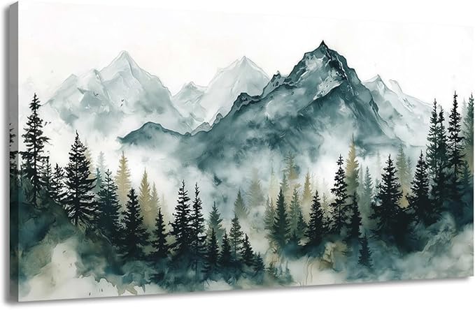 Nature Landscape Wall Art for Living Room, Foggy Forest Mountains Canvas Painting Green Blue Modern Farmhouse Wall Decor for Bedroom, Watercolor Woodland Scenery Prints Artwork Home Decoration 12"X24"