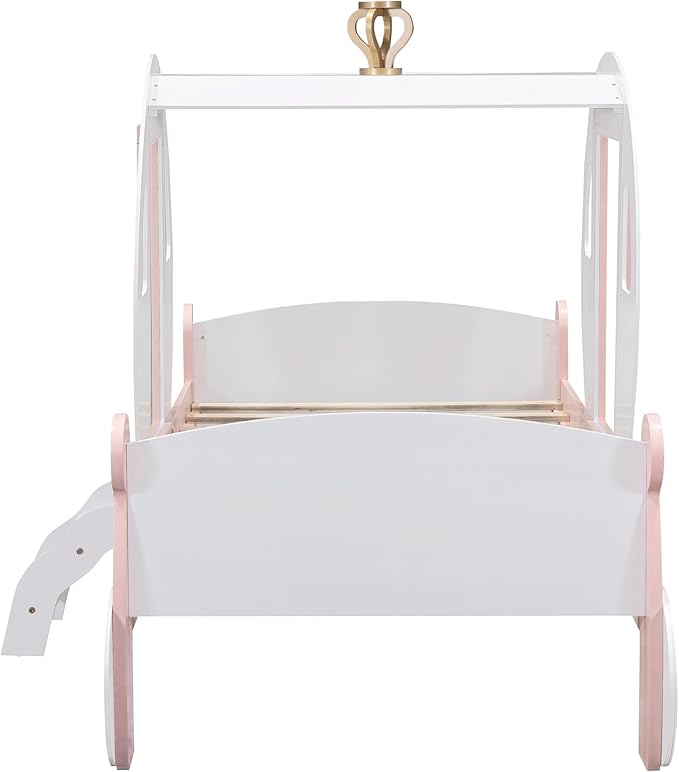 Twin Size Princess Carriage Bed Frame for Boys Girls Kids Toddler with Crown, Wood Platform Car Bed with Stair, White+Pink