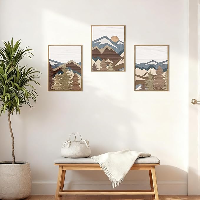 BINCUE Framed Mountain Wall Art Boho Landscape Wall Decor Mountain Artwork for Office Living Room Bedroom 12" Lx16 W Set of 3