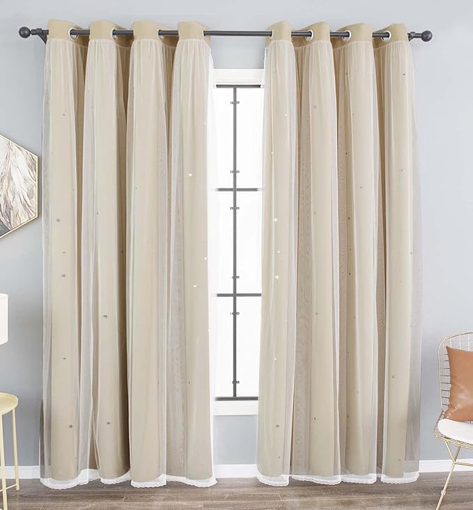 Kinryb Kids Blackout Curtains for Bedroom/Living Room/Classroom, Sheer Overlay 95 Inches 2 Panel Set, Double Layer Curtains with Star Cutout for Kids Room(W 52 x L 95 Inches,Beige 2 Pcs)