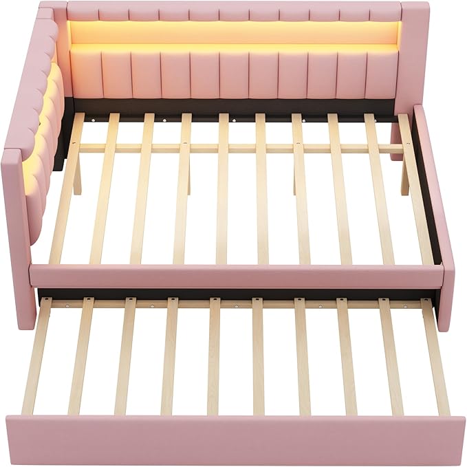 Full Size Daybed with Trundle and L-Shaped Bookshelf Headboard, Linen Upholstered Soft Corner Bed with Storage Shelves, Charging Station and LED Belt for Kids Boys Girls, Pink