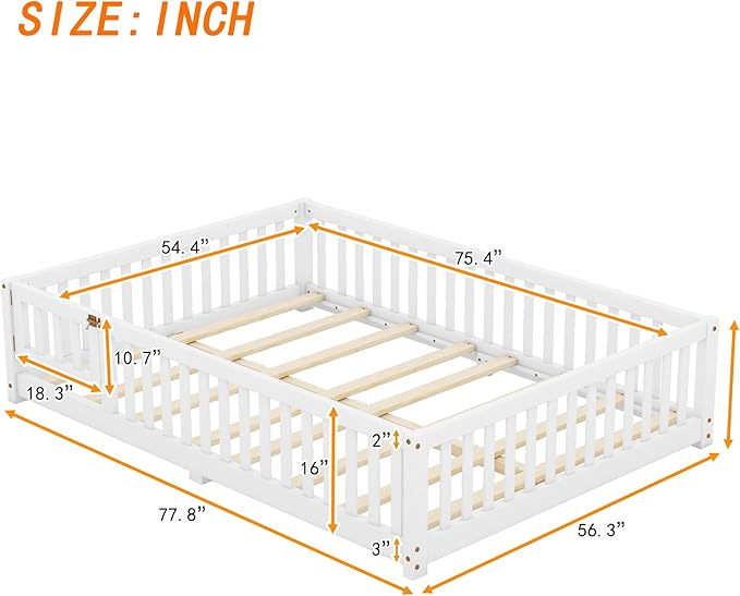 Full Size Floor Bed with Fence and Lockable Door, Wood Montessori Bed Frame with Slat Support for Kids,Boys,Girls,Easy Assembly, White