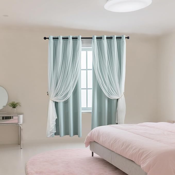 Anytime Home Curtains Blackout and Sheer Layered Solid Window Curtain Panel Pair with Grommet Top, 52Wx84L,Light Blue