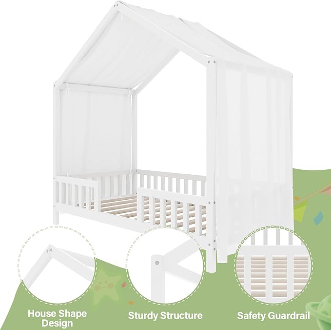 Montessori Floor Bed with Canopy, High Railings and Roof, Twin Size Wood House Bed Frame for Kids Bedroom (White/C2)