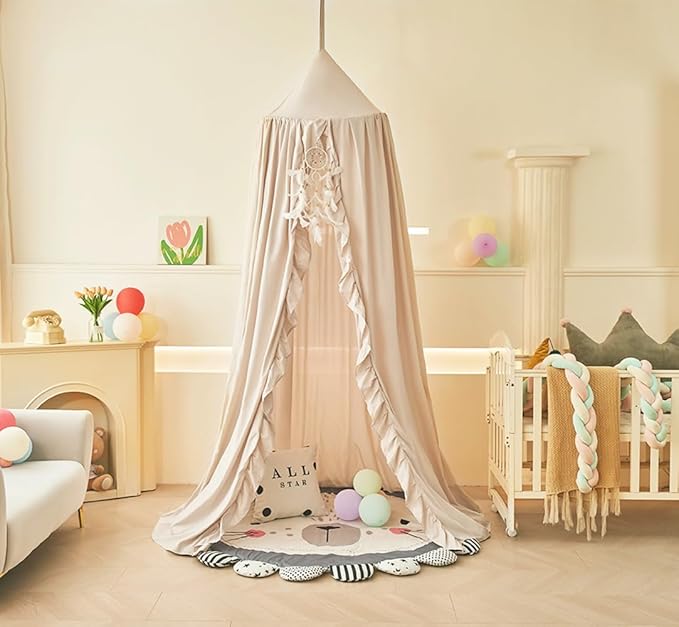 Mengersi Bed Canopy for Girls,Ruffled Canopy Bed Curtains Kids Canopy for Girls Room,Hanging Canopy Princess Play Tent for Reading Nook Play Room Decor (Ivory)