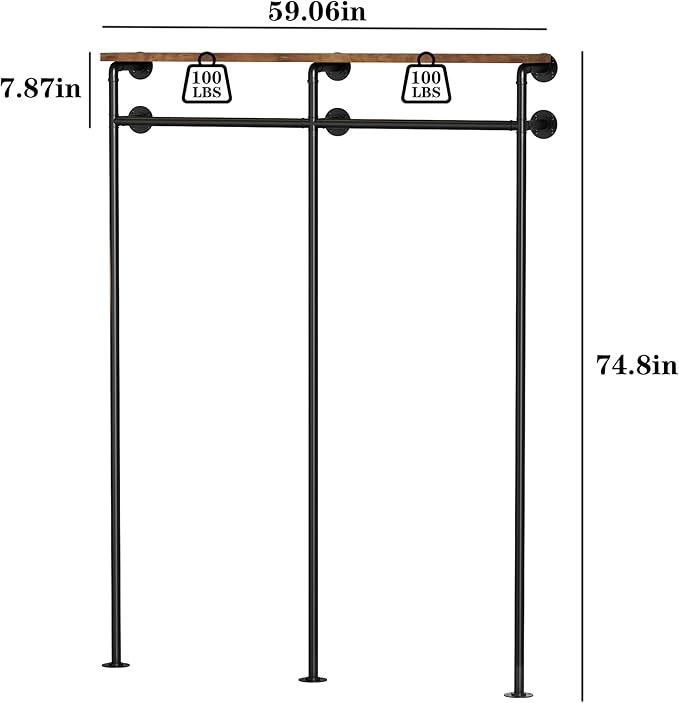 Industrial Pipe Clothes Rack, Wall Mounted Clothing Rack with Shelves, Heavy Duty Closet Organizers Wardrobe Multi-Purpose Storage Clothes Hanging Shelf-59''L Black