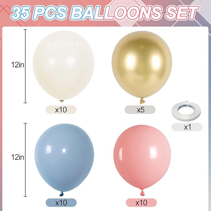 Gender Reveal Balloons, 12 Inch Dusty Pink Blue White Sand and Gold Balloons for Boho Neutral Baby Shower Birthday Party Boy or Girl Gender Reveal Decorations