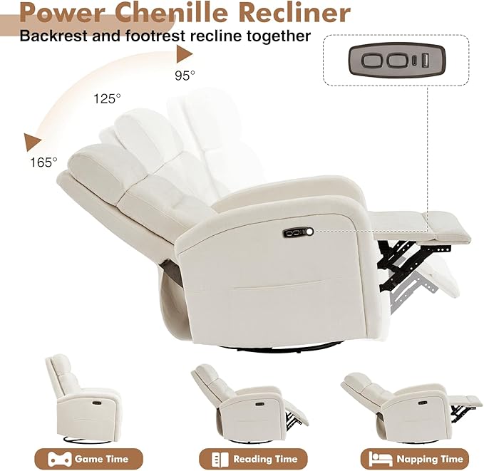 Glider Recliner Nursery Chair, Power Swivel Rocker Recliner with Adjustable Backrest Support, Swivel Rocking Nursery Recliner Chairs with USB and Type-C Ports for Living Room, Chenille Cream White
