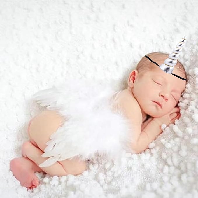 2PCS White Angel Wings With Silver Unicorn Headband For Newborn Infant Photography Props Soft Fairy Feather Wings For Toddlers Kids Girls Gifts(Color E, One Size)