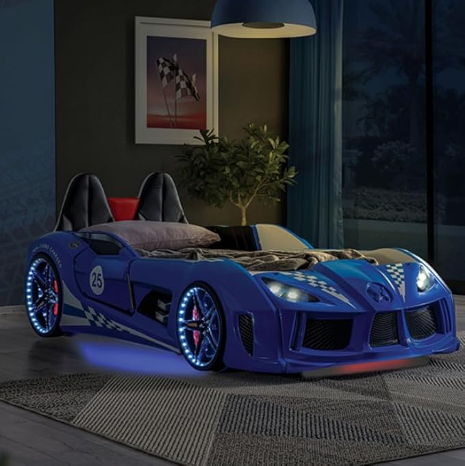 MASARA Race Car Twin Bed with LED Lights, Music Player, Magnetic Doors (Blue)