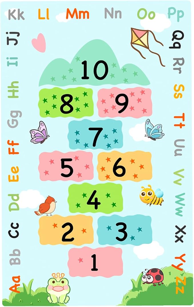 Cute Educational ABC Alphabets Hopscotch Rugs for Kids Room Playroom Bedroom, Chic Soft Hop & Count Numbers Learning Rug for Classroom, Washable Toddler Baby Nursery Carpet Rug 63"x31.5" Blue