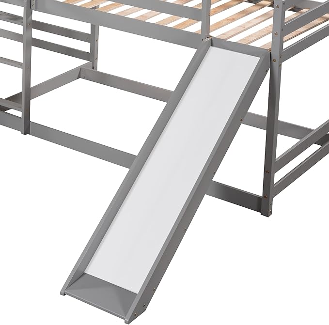 L-Shaped Full and Twin Size Bunk Bed with Slide and Short Ladde, Solid Wood 4 in 1 Design Quad Bunk Bed Frame with Safety Guardrail for Aldults Kids Teens (Gray-4)