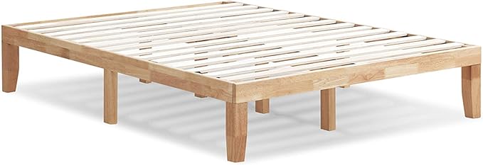 KOMFOTT 14 Inches Wood Platform Bed Frame Queen Size, Wooden Mattress Foundation with Rubber Wood Frame, Strong Wooden Slats Support, No Box Spring Needed, Bed Frame (Natural)
