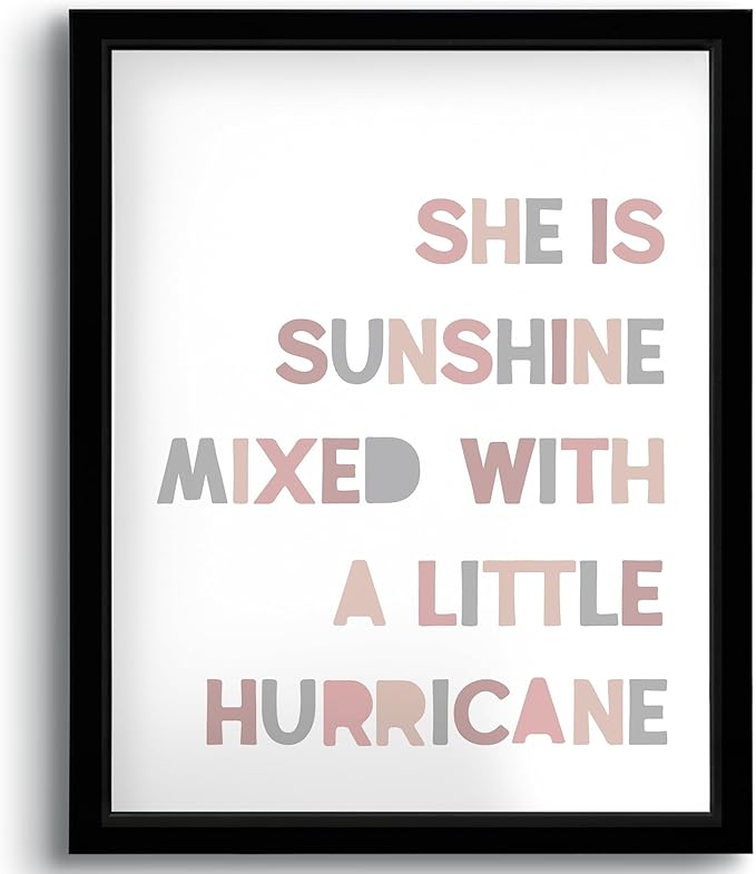 PHAMTE Nursery Boho Girls Bedroom Framed Wall Art Prints Posters Decor, She is Sunshine Mixed with a Little Hurricane Sun Pictures Framed Artwork for Walls Room Bedroom Home Playroom(11x14 Inch)