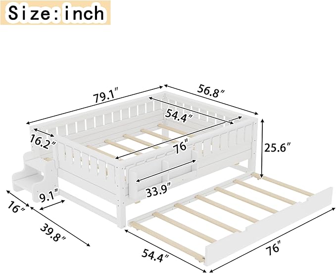 Bellemave Full Size Kids Bed with high Rails and with Built-in Bookshelf and Trundle for Kids, Girls, Boys, Wood Montessori Bed Without Door, White
