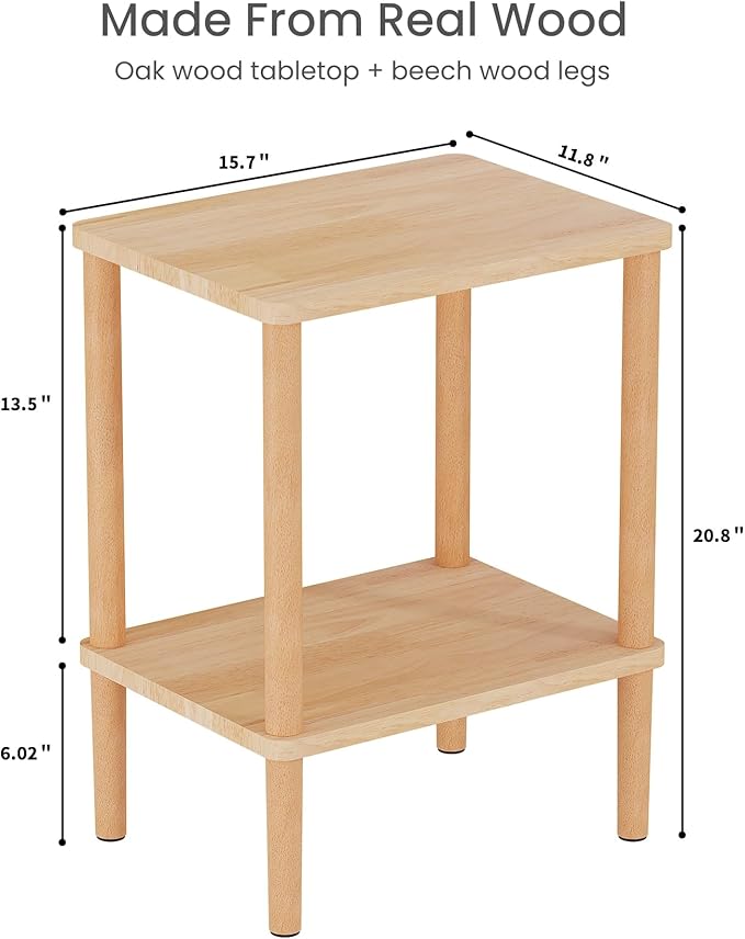 LUCKNOCK Solid Wood Side Table, 2-Tier Small End Table with Storage Shelf, Narrow Nightstand Bedside Table for Small Spaces, Bedroom, Living Room, Farmhouse, No-Tool Assembly.