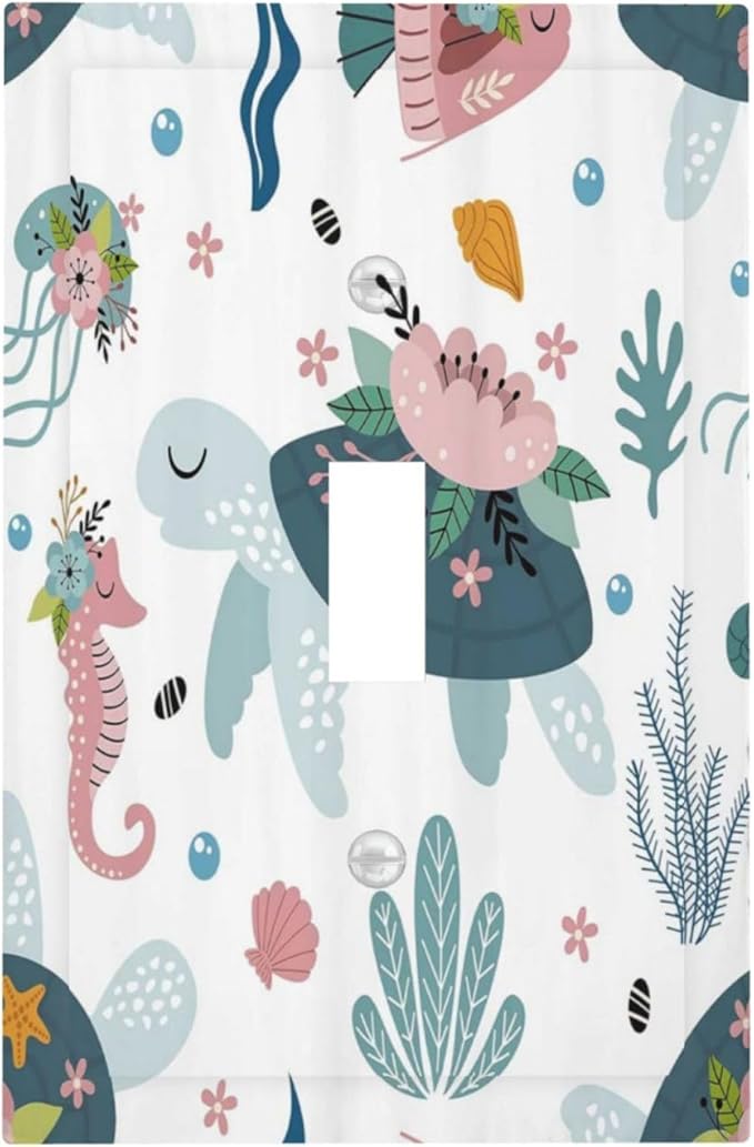 Underwater Floral Turtle Animal 1 Gang Single Toggle Light Switch Covers Decorative Wall Plate Switchplate Electrical Faceplate for Nursery Kidsroom Bedroom Decor