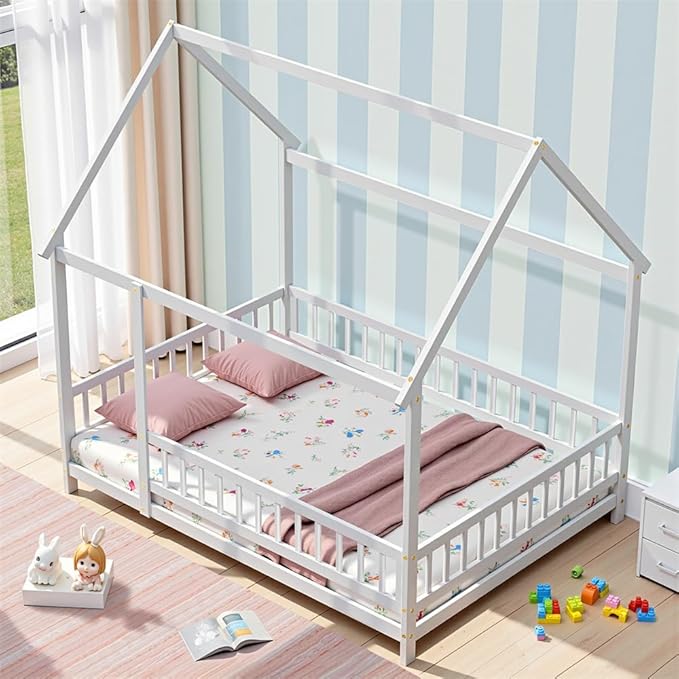 LLS Full Size Floor Bed Frame with Roof Fence, Wooden Montessori House Bed for Boys Girls Bedroom, White Without Slats