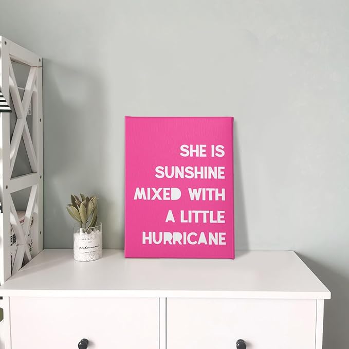 PHAMTE Girls Bedroom Wall Decor, She Is Sunshine Mixed With a Little Hurricane Girls Room Wall Art,Sunshine Print Framed Canvas Painting Artwork Girl Room Bedroom Home Nursery Playroom（Pink）