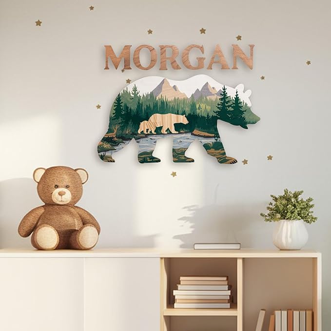 Personalized Nursery Sign, Animals Wooden Sign with Name, Hello World Newborn Sign, Bear Sign for Kid Room Decor, Baby Gifts for Boy, Custom Baby Name Sign, Baby Boy Wall Art Bedroom