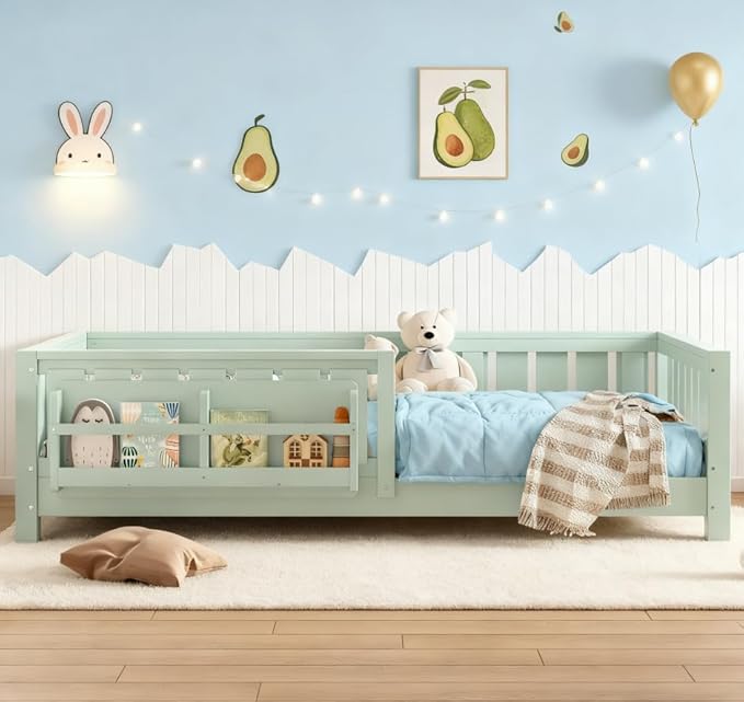 Bellemave Twin Size Floor Bed with high Rails and with Built-in Bookshelf for Kids, Girls, Boys, Wood Montessori Floor Bed Without Door, Avocado Green