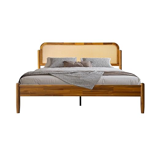 King Size Bed Frame Solid Wood Platform Bed with Headboard & Footboard, 12 Sturdy Slatted Base, Metal Legs, No Box Spring Needed, Noise-Free & Slip-Free, Easy Assembly, Acacia Honey Finish, JMK-38