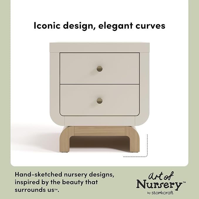 Storkcraft Santorini 2 Drawer Nightstand (Frosted Oat & Driftwood) - GREENGUARD Gold Certified Nightstand for Kids Bedroom, Premium Wood with Curved Base, “Champagne” Metal Knobs