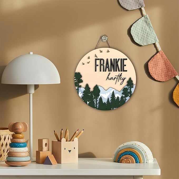 Custom Door Hanger with Name – Forest and Mountain Wooden Sign for Nursery – Boys Room Wall Art, Baby Room Decor, Personalized Wood Circle Name Plaque