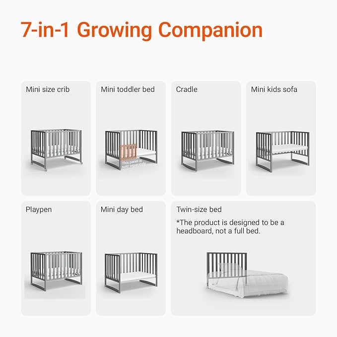 MAMAZING EvoNook 6-in-1 Convertible Mini Crib, 100% New Zealand Pinewood, 4 Adjustable Mattress Heights, Grey