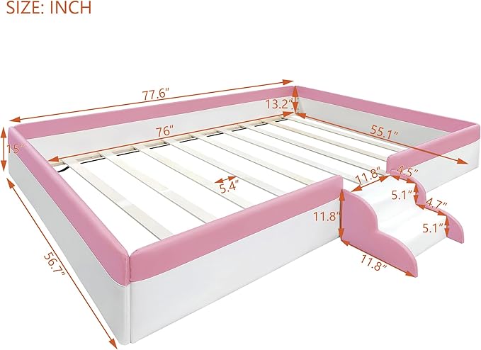 Full Size Upholstered Daybed Frame with Fence and Stairs, Montessori Kids Floor Bed with Sturdy Slat Support for Kids Boys Girls