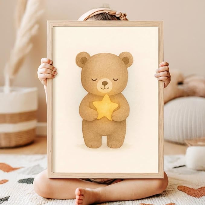 XBQZFLHT 3Pcs Bear Nursery Wall Art Teddy Bear Moon and Stars Canvas Prints Cute Animal Sleeping on the Moon and Cloud Neutral Baby Room Decor Pictures for Boys and Girls 12x16in Unframed