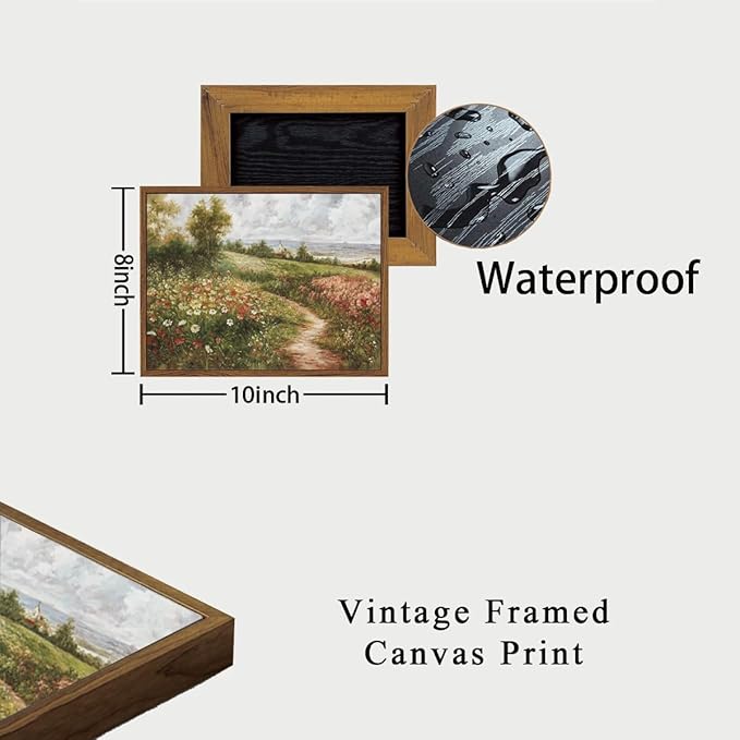 OIQArtOIQ Vintage Landscape Framed Wall Art Summer Countryside Wildflower Field Path Canvas Art Prints Farmhouse Cottagecore Pictures Wall Decor Rustic Meadow Paintings Artwork For Kitchen Bedroom