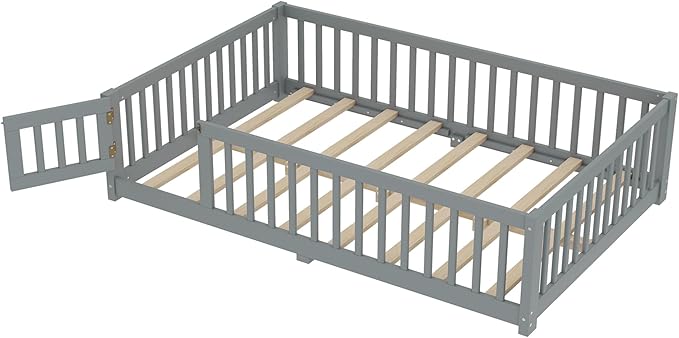 Bellemave Full Size Floor Bed Frame with Fence and Door for Kids, Montessori Floor Bed with Slats and Safety Guardrails,Solid Wood Full Bed Frame for Girls Boys,Grey