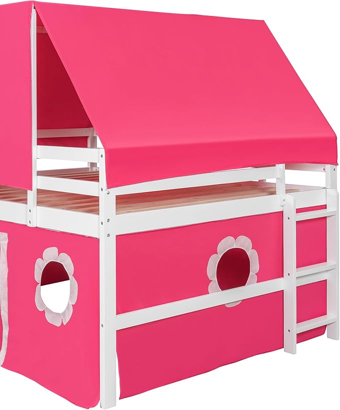 Polibi Full Size Castle Loft Bed with Slide & Pink Tent and Tower, Playhouse Design Spacious Under Bed Space with Curtains, Wood Tent Bed Frame for Kids Boys Girls(Pink,Full)