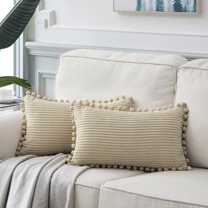 Fancy Homi Pack of 2 Tan Lumbar Decorative Throw Pillow Covers with Pom-poms, Soft Corduroy Solid Rectangle Cushion Cases Set for Couch Sofa Bedroom Car Living Room (12x24 Inch/30x60 cm, Beige)